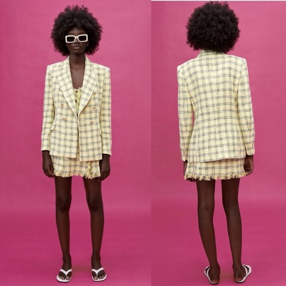 Zara Tweed Weave Texture Checker Blazer Yellow Size XS Shoulder Pads Clueless - Picture 3 of 11